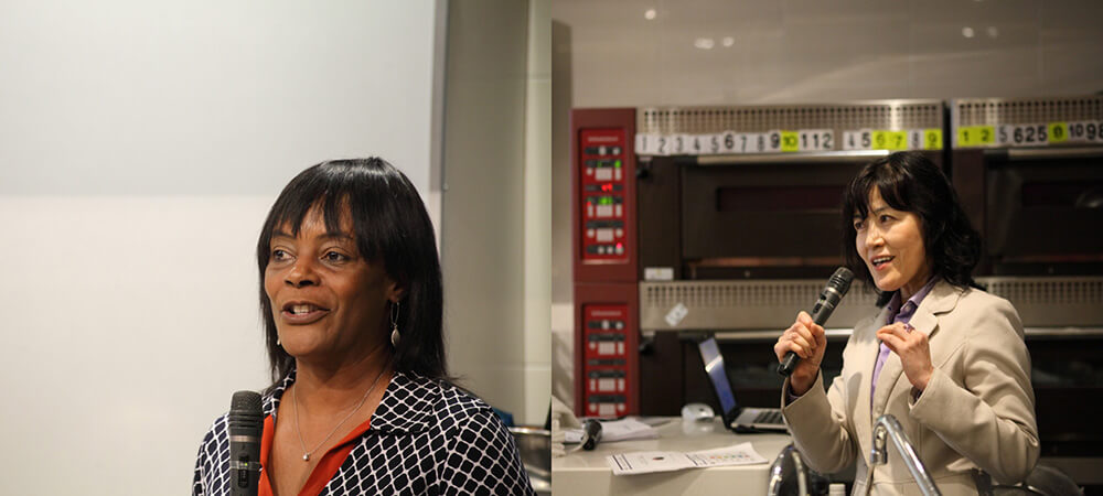 カリフォルニアプルーン協会グローバル・コミュニケーション・ディレクターのデビー・ミッチェルさん（左）。日本マーケティング事務所の本田紀子さん（右）