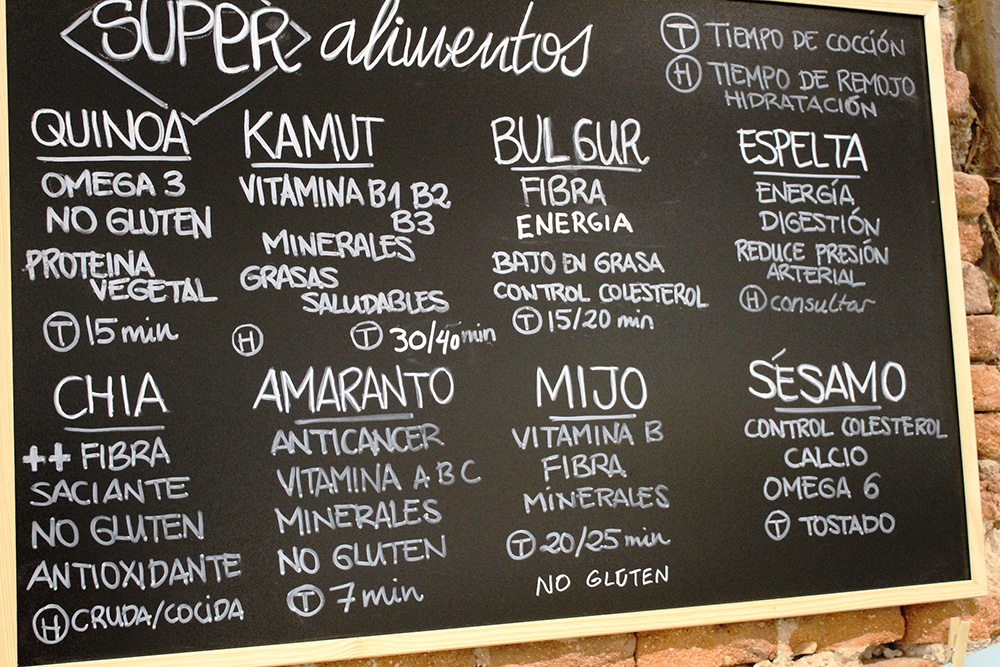 黒板でそれぞれの効用と調理時間などの情報を提供