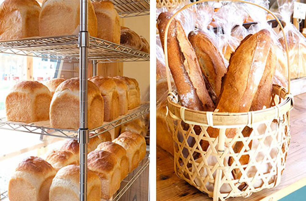 「食パン」300円は、自家培養酵母ならではの旨味と酸味が特徴。湯だね製法で作るので、引きが強く、もっちり。 神山で収穫したお米を使った「米粉入りバゲット」は300円。煎餅のような香ばしさが魅力。