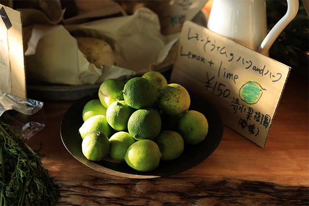 “挑戦する農家”の野菜、果物 減農薬、無化学肥料を基本に、食べて安心な作物を育てる農家とお付き合い。東京都内の生産者も多く、朝獲れが店に並ぶ。写真は清水果樹園のレモンライム。