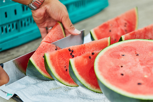 真っ赤な果肉が皮の際まで入っているのもポイント。「身質がきめ細かく酸味も少なくおいしい。くり抜いてスープに仕立ててもよさそう」と「慈華」田村亮介シェフ。