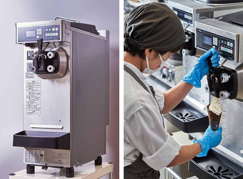 （写真左）横幅298㎜とスリムでスマートながら、高性能な卓上型のフリーザー（CI-9624AE）。パティスリーなど設置場所が限られる店舗にもおすすめ。 （写真右）「緊張する！」と言いながら、真剣な面持ちで使い慣れないレバーを握る石井シェフ。出来栄えは・・・さすが！