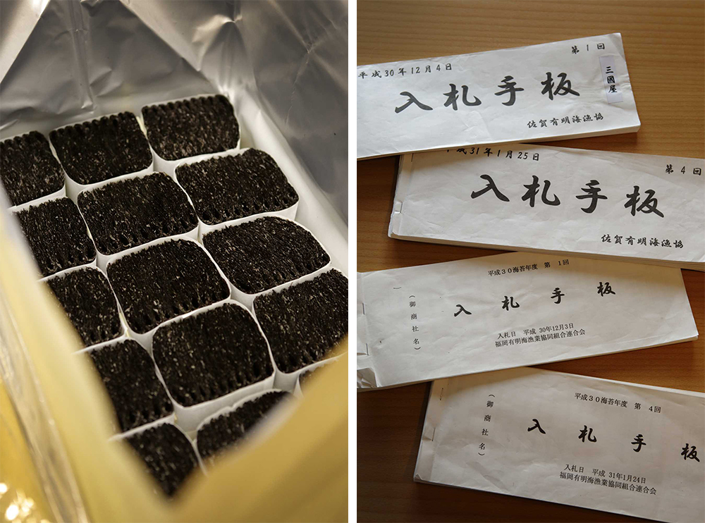 と舌に蓄積した情報で瞬時に判断して競り落とす。海苔は漁師が摘んですぐ板状の乾海苔に加工。その後、各漁協の入札にかけられ、加工業者が競り落とす。三國屋は初回摘みの海苔が入札される第１回と４回に参加する。漁協は浜ごとに分かれるため、把握すべき情報は膨大だ。