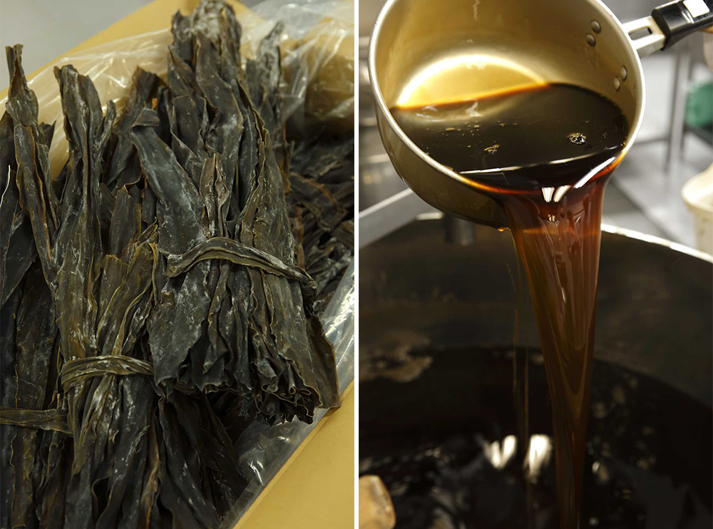 （写真左）昆布は利尻・礼文島の香深（かふか）産を使用。 （写真右）味付海苔用の調味液は昆布と干しエビ、乾シイタケ、煮干しでだしをとってから砂糖、醤油で味を調える。国産唐辛子を加えると味が引き締まるそう。