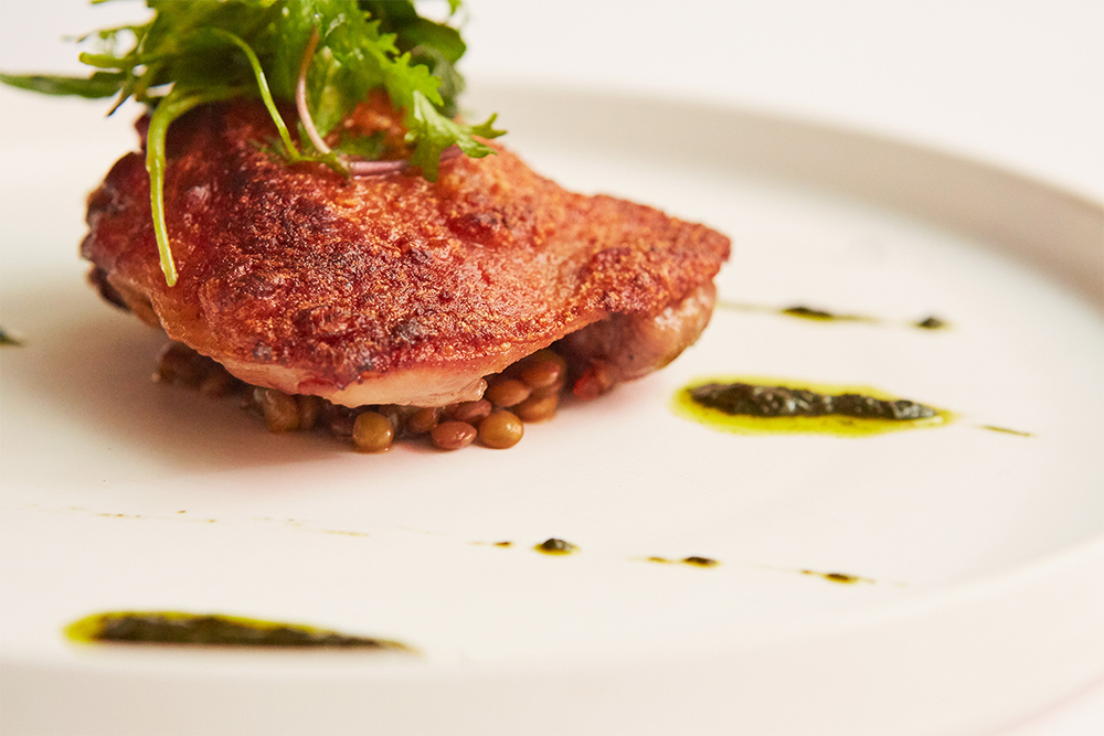 皮と身のコントラストが心地よい。「コンフィでは脂身が少なくてもやわらかく仕上がるので、奥久慈しゃものオスでもメスでも両方活用できます」とシェフ。