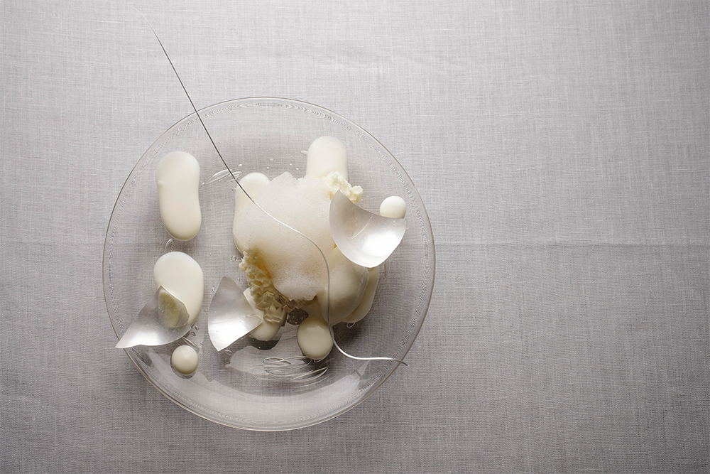 「日本ミツバチのポリリズム」。浮遊感のある泡、ウェットなピュレ、光沢のある硬質な破片など、異なるテスクチャーを白一色で構成。「同色に統一することでリズムを作り出す」と加藤シェフ。