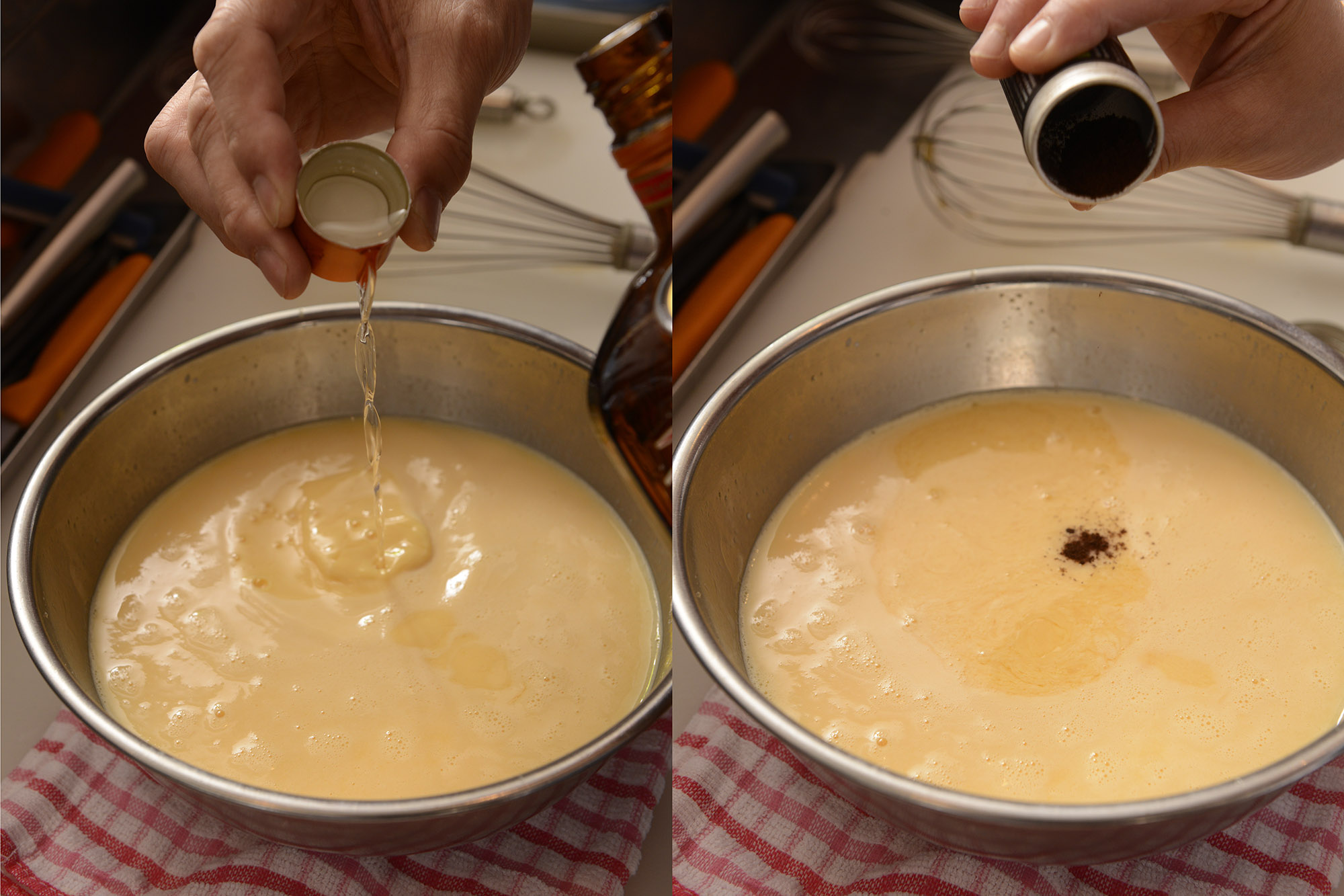 【４】コアントローとバニラパウダーを加え、泡立て器で泡立たないようゆっくり混ぜ合わせる。