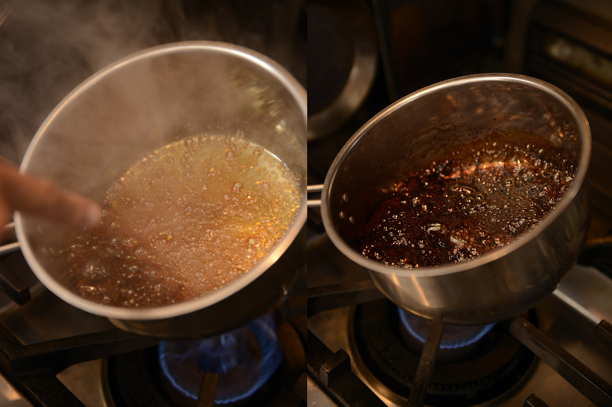 ふつうのカラメルは左の写真くらいで止めますが、右の写真ぐらいまで焦がすのが「大人用プリン」のポイント！