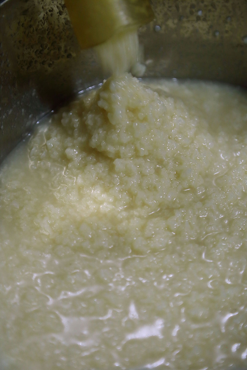 もち米、米麹、焼酎で仕込んだもろみは、このまま食べてもおいしい。一部はゆるく搾り、みりん粕「こぼれ梅」として販売。酒粕ほどクセがなく、焼菓子などにも使える。