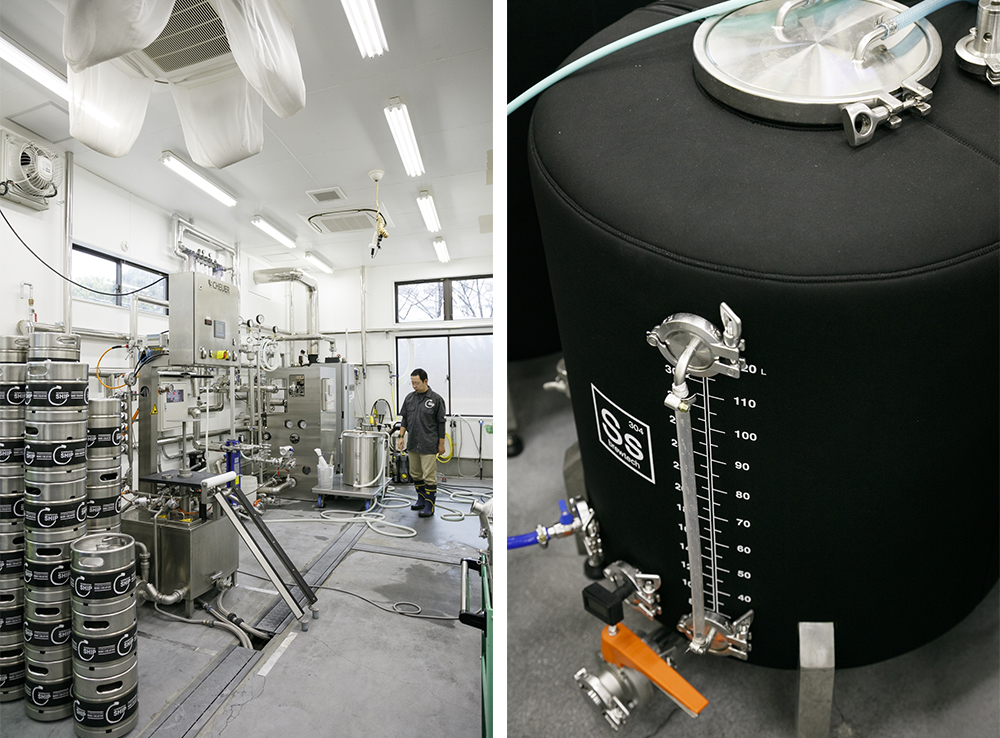 （写真左）菌に健全な仕事をしてもらうため、人間の仕事の９割は衛生管理。現在２名のスタッフで回している。 （写真右） 醸造にはアメリカで自家醸造用に使われているタンクも活躍。