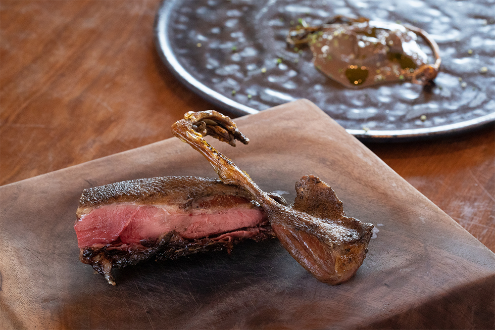 野鴨の薪火グリル、肉醤に漬け込んだノビルと山ラッキョウ、フレッシュのノビルを合わせた内臓のソースを添えて。