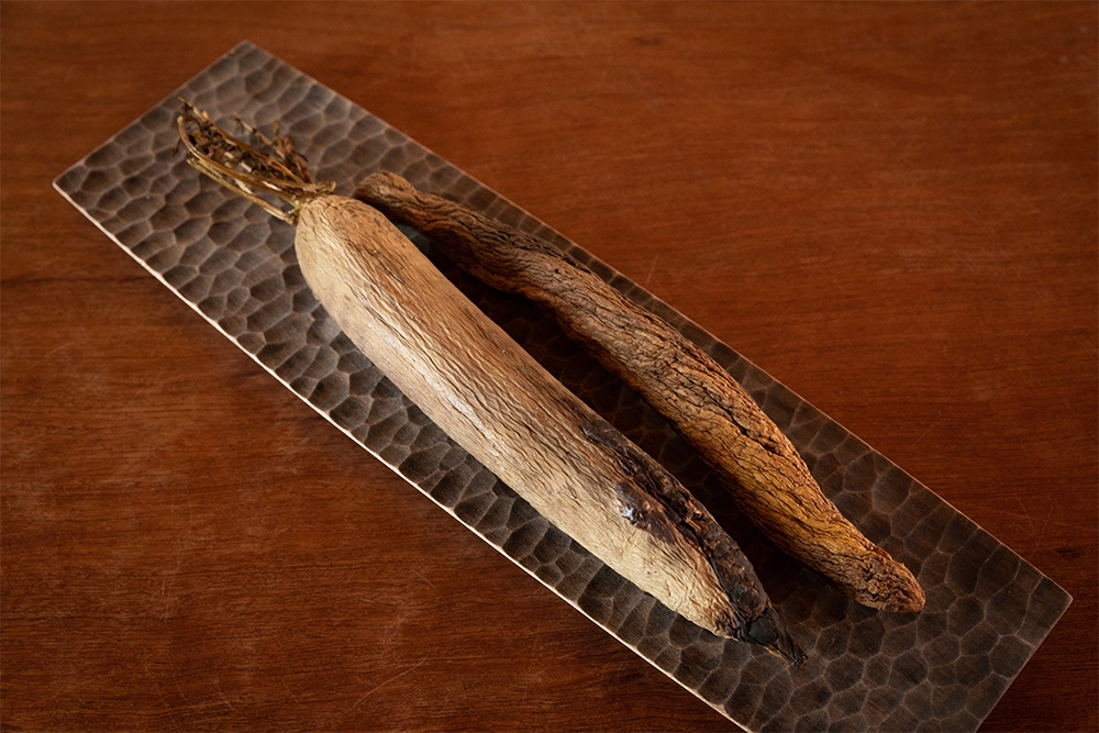 火は当たらず煙が当たる場所に大根を置いて燻製にする。左は２日間、右は１週間置いたもの。