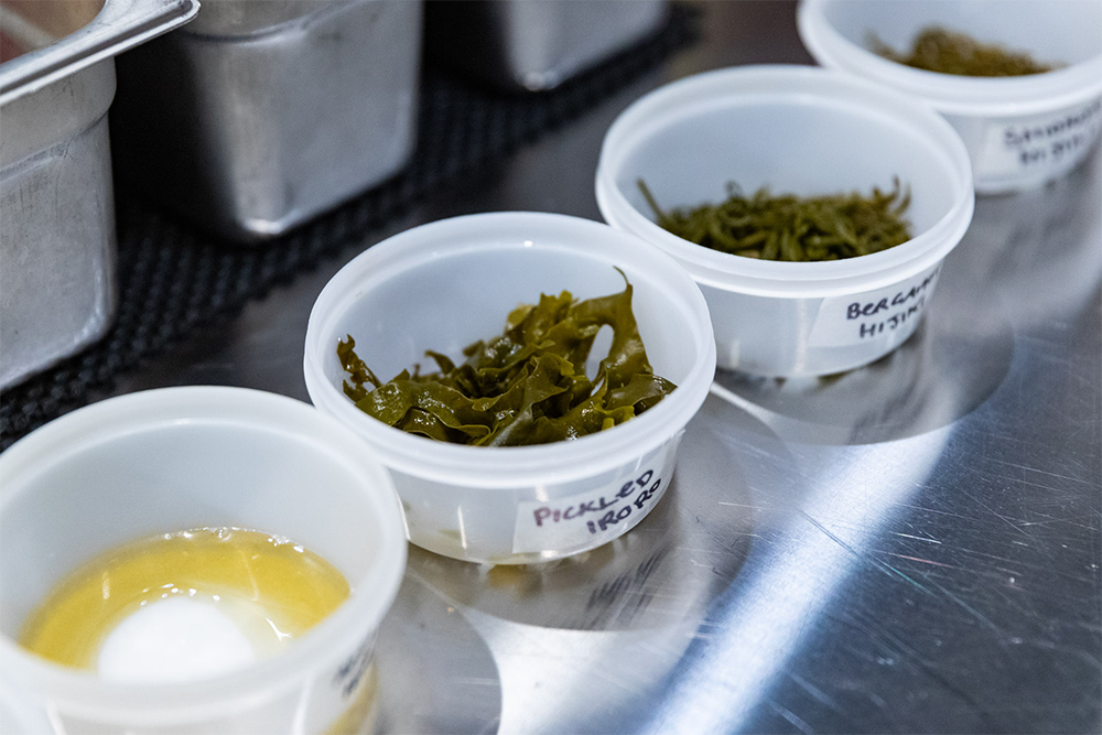 手前から、アオサハニー（アオサの濃縮シロップ）、イロロのピクルス、ベルガモットで風味付けした塩蔵ヒジキ。
