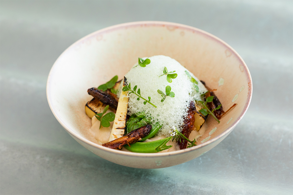 「地球を味わうコース料理」では、昆虫をはじめ、野草やジビエなど、日の目を浴びる機会の少ない生きものたちの魅力を表現して、自然の景色を映し出す。