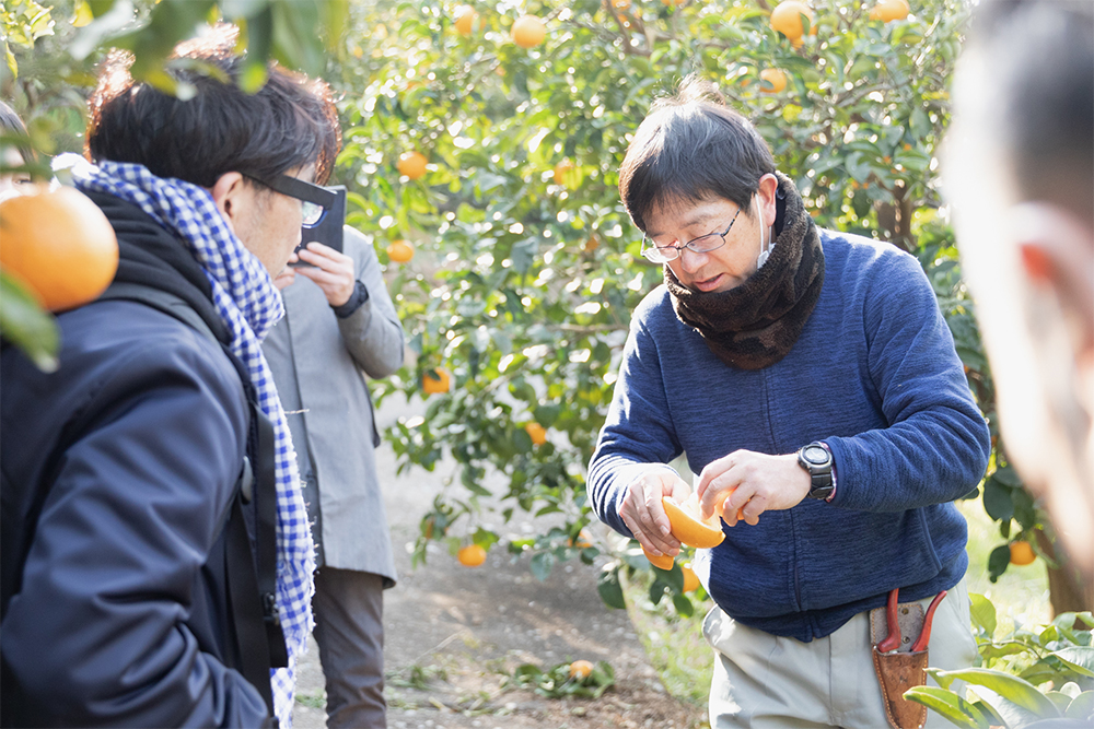 「紀州原農園」で畑を回りながらの試食。原さんの解説に聞き入るシェフたち。