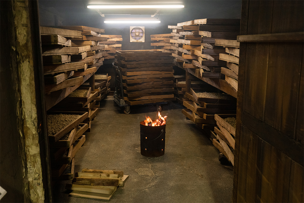 県中西部、御坊市に建つ「堀河屋野村」の麹室。伝統の麹蓋を使い、４日間かけ、手で確かめながら麹を“育てる”。