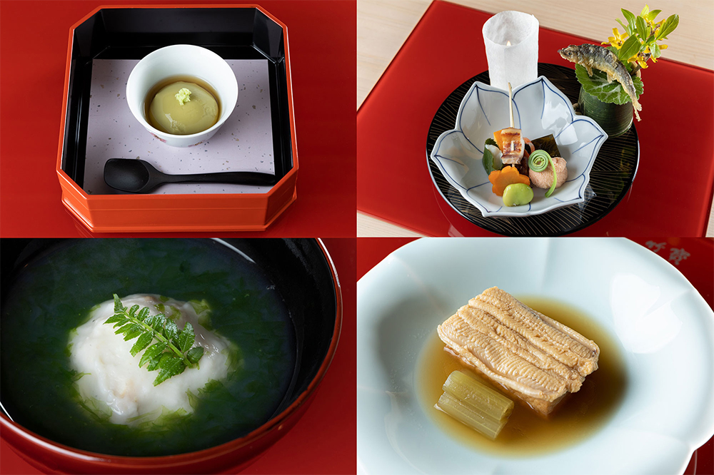 春の風趣があふれる先付、八寸、煮物椀。右下は穴子を炊いた出汁で豆腐を煮含めた一品。穴子と豆腐が一体化したようなフワフワの食感に仕立てる。