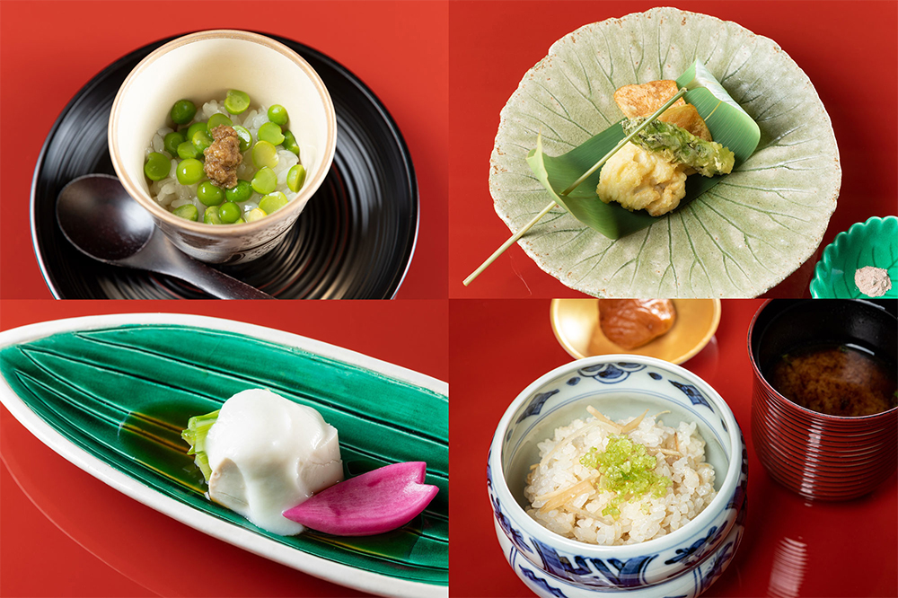 左上から時計回りに、うすい豆の飯蒸／アイナメ、新じゃが、アスパラの揚げ物／新生姜ごはんと龍神白干梅／メジナの白子、新玉ねぎのピュレの酢の物　