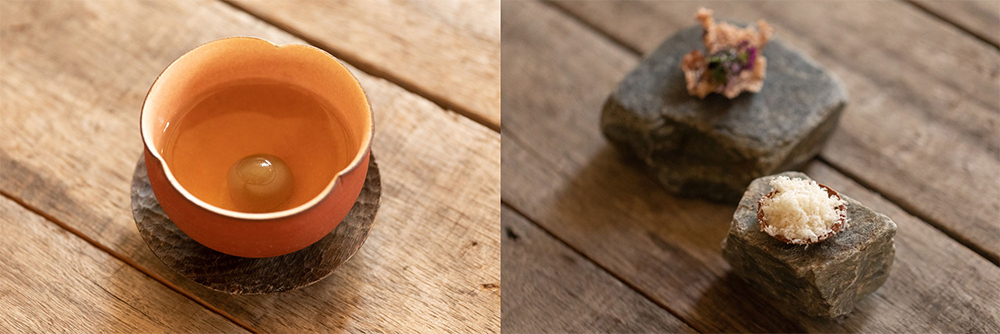 アペタイザーから胸躍る滑り出し。梅をしのばせたコンソメ、小豆とお米のクロッカント、新タマネギのピュレとパルミジャーノのタルト。