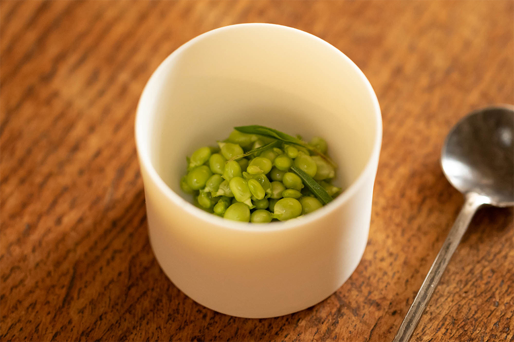 [涙豆　サリエット　新にんにく] “緑のキャビア”の異名をとる涙豆の初物をはじめ、畑で摘んだうすい豆とエンドウ豆の若い実を集め、生のジューシーな甘味とプチプチの食感を生かしたサラダ仕立てに。澄んできれいな少年の瞳を思わせる瑞々しさ。