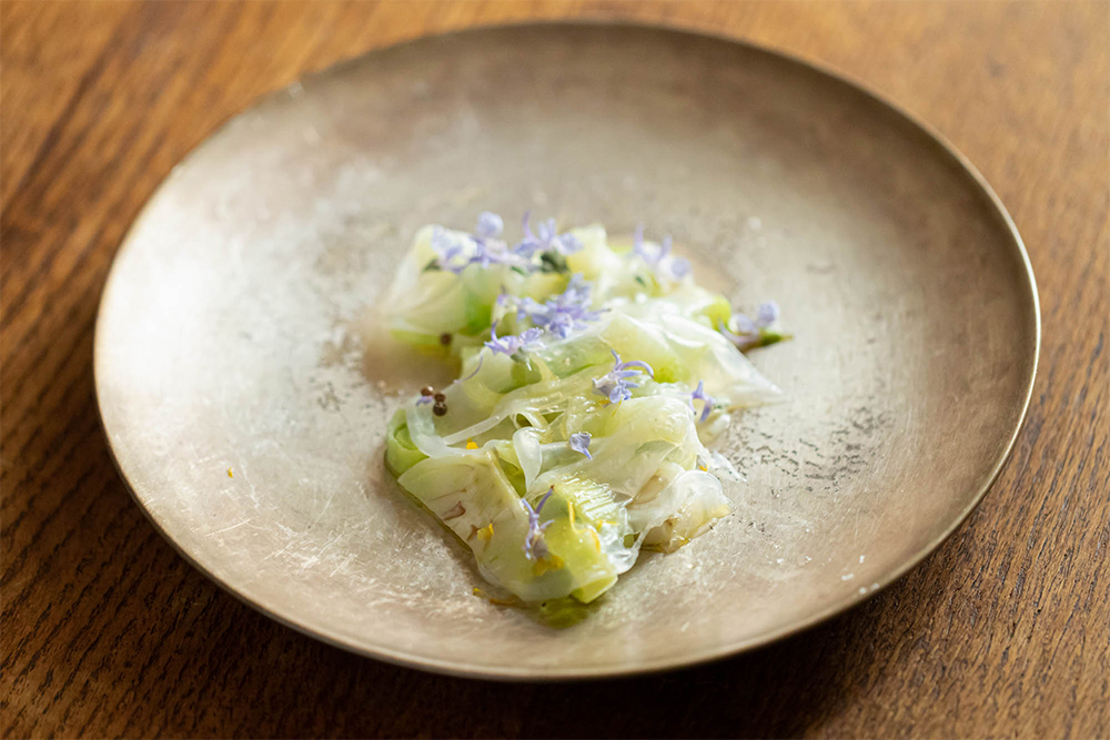 [イカ　フェンネル] さっと火を通したフェンネルに、膜のように薄く削ぎ切った春イカをはらり。繊細な若菜の色合いがドキリとする美しさ。