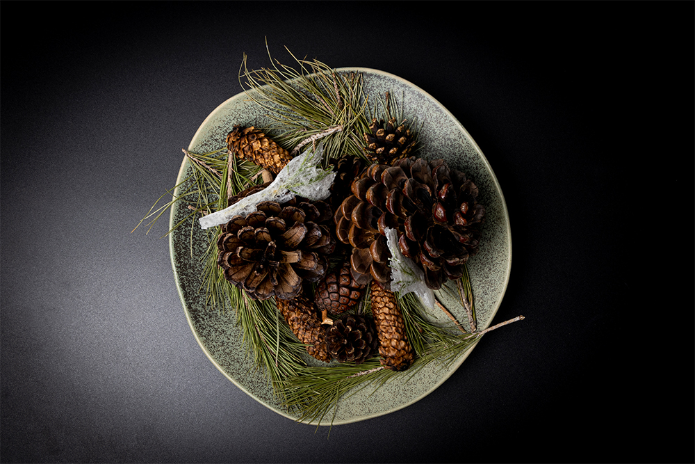 松の新芽にもち米粉の生地を塗ってレンジで加熱。天ぷらよりも軽いテクスチャ−に仕上がる。調味は塩味のみ。