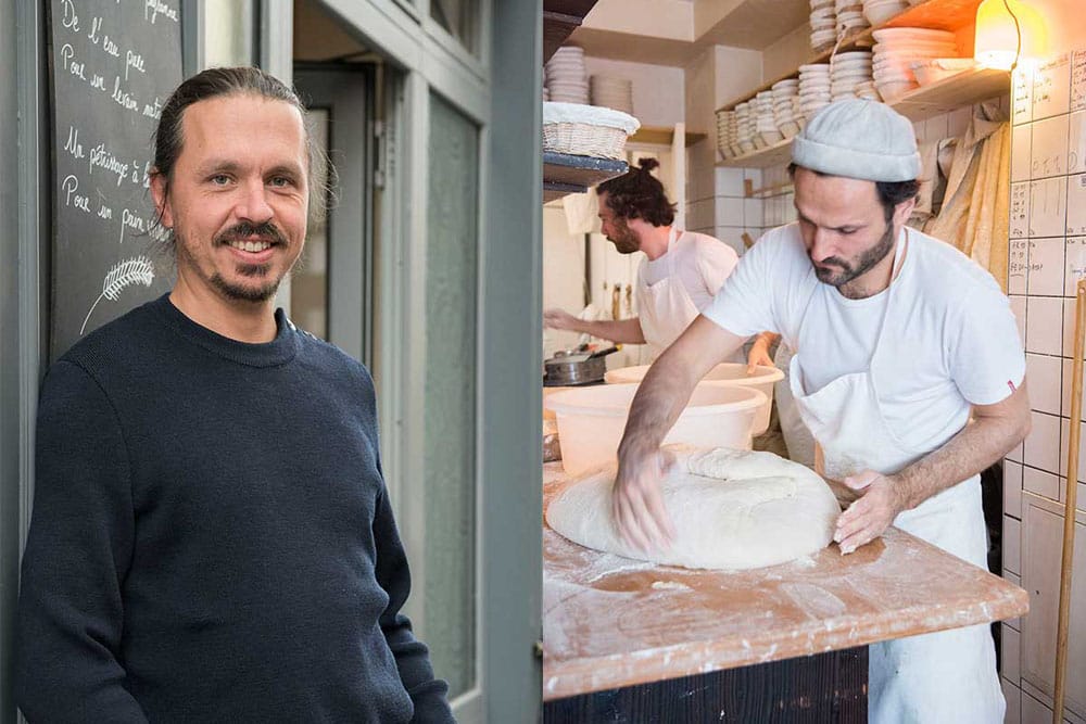（写真左）マキシム・ビュシ（Maxime Bussy）さん。製パンを学んだ後、レストランに勤務。パン担当になり原料を探す中で小麦農家兼パン職人に出会い、昔ながらのパン作りを目指す。2016年に現店をオープン。 （写真右）生地を成形する共同経営者のギレーム・リエさん。複数のパンの準備が同時に進められる。