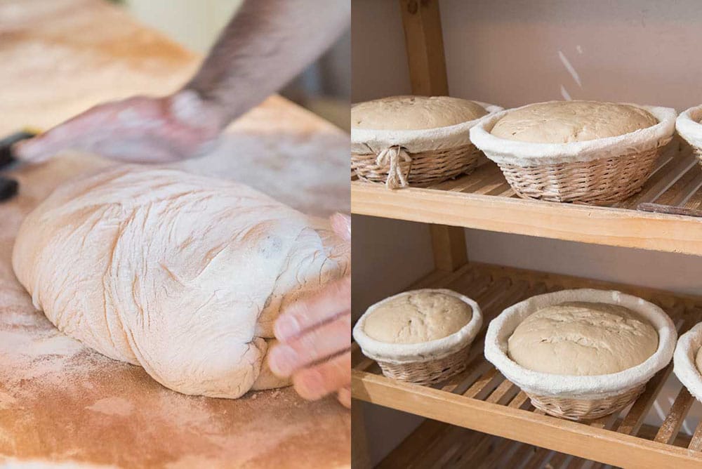 （写真左）３kgのブレ・ドゥ・ポピュラシィオン生地を成形。手で軽く整える程度。 （写真右）長方形の型や発酵かごに入れて、室温で二次発酵。約２時間後に焼成。発酵に使っている棚は、営業中は陳列棚になる。