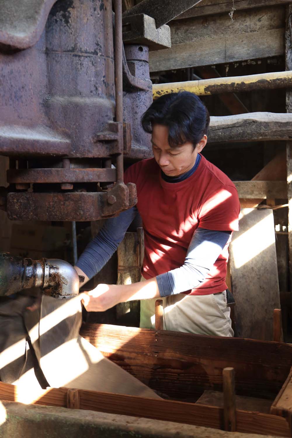 何百枚もの袋にもろみを入れ、上から圧をかけて搾る。