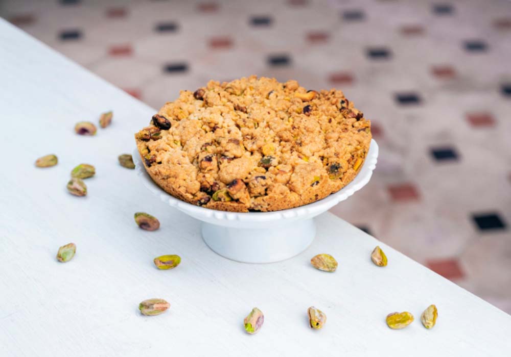 （写真）アブルッツォの三ツ星シェフ、ニコ・ロミート氏がレシピを提供したシチリア産ピスタチオのタルト(Torta Croccante al Pistachio)。