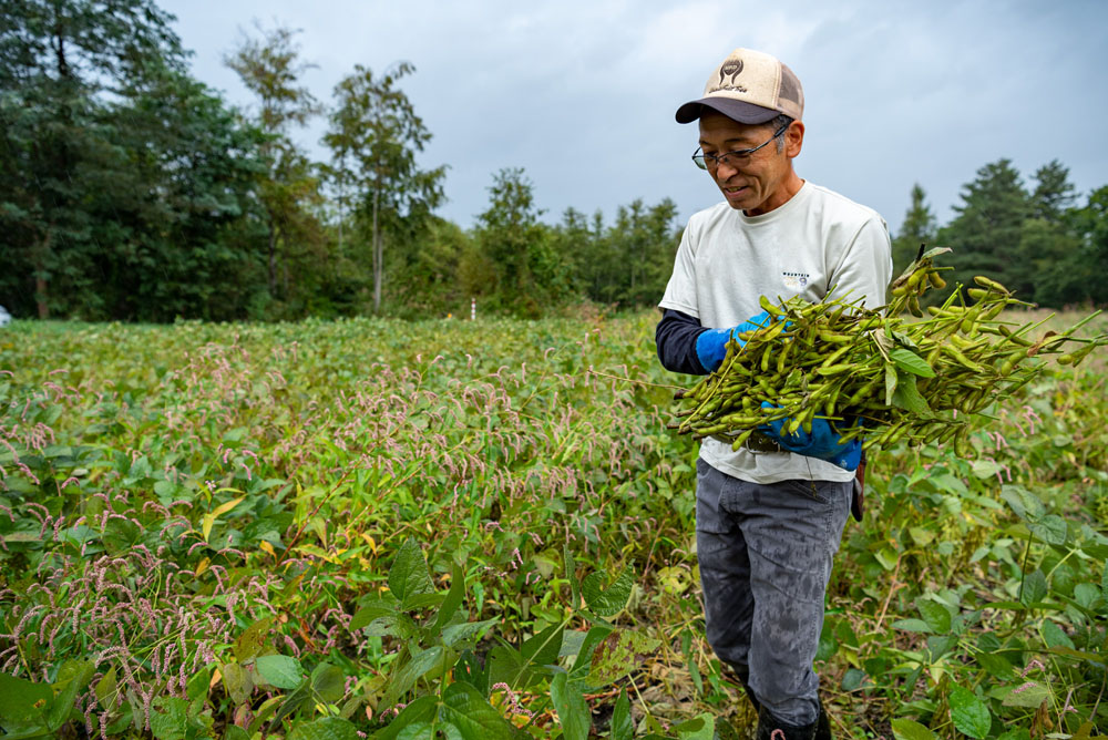 「風丸農場」の木村農也さん。岩木山山麓に広がる農場でリンゴ、米、大豆などを栽培している。毛豆に着目して本格的な作付けに挑戦。