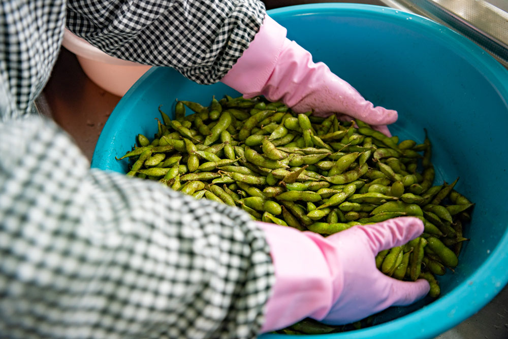 毛豆に塩少量（分量外）をふり、全体になじむようにもみ込む。 POINT:力を入れてもみ込む。
