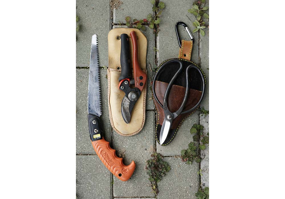 オリーブの剪定などで使うハサミなど。皮のケースは山本さん自身の手作り。ステッチの正確さに職人気質が見える。