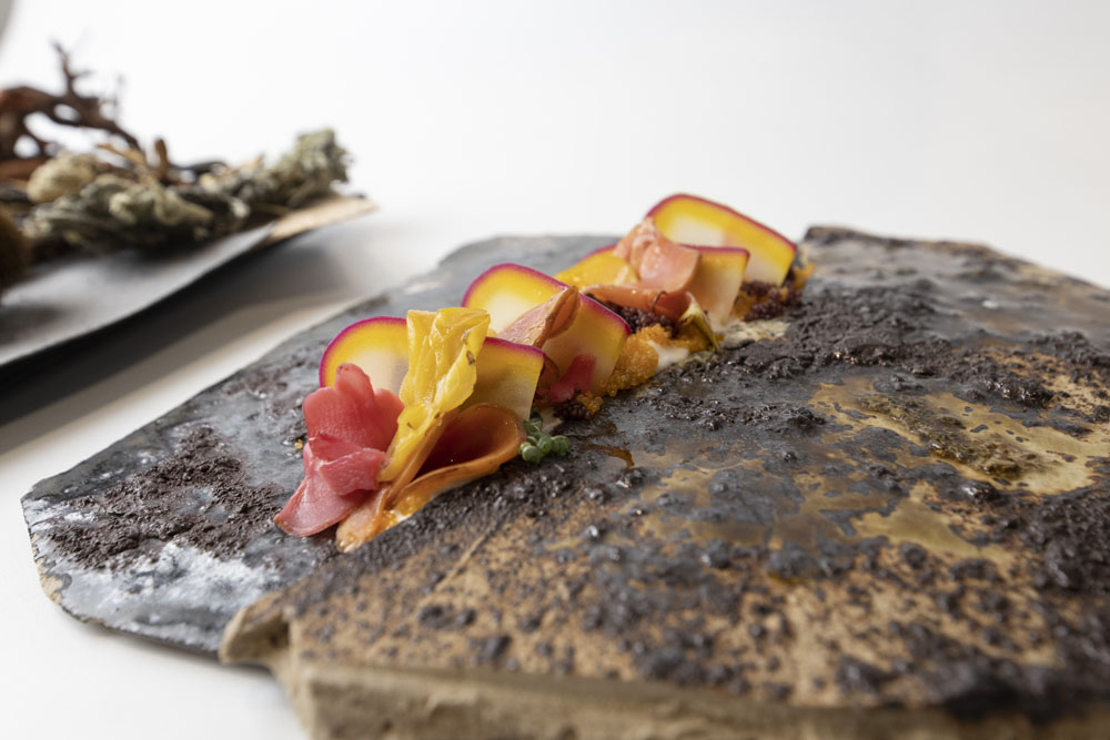 グアルニ族女性達の伝統的染色に学び、色彩を集めた一品。根菜、キヌアのほか、キヌイチャ、コジェと呼ばれるハーブ、チルカと呼ばれる青い葉、紫色の根っこチェックチェック、など聞いたこともない素材が並ぶ。