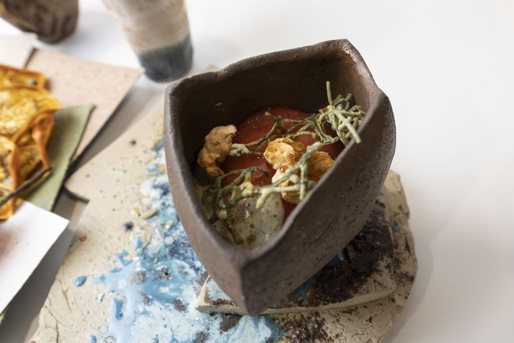 アマゾン原産の葉の中で熟成させたコパクと呼ばれる魚の肉に、ルロと呼ばれる果実を加え、ココナッツクリーム、スイカを一切れ、薬草の数々で飾り、仕上げはカルダモンのメレンゲ、コカから抽出したオイルを垂らす。