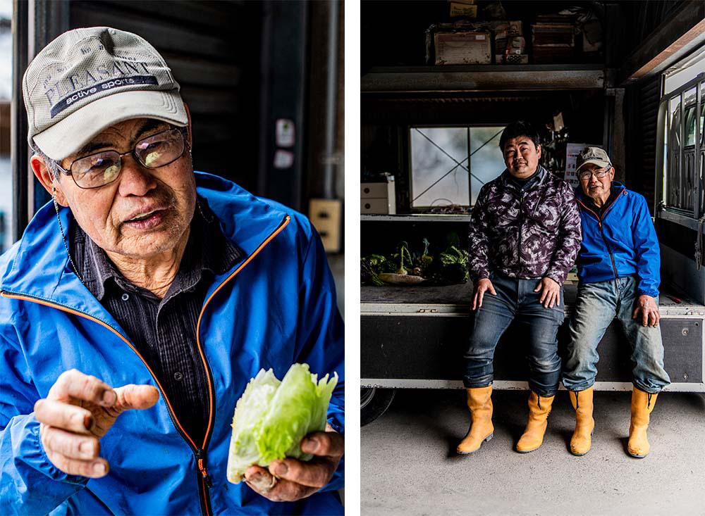 料理人という人種を愛する茂夫さん。「いつも、何して驚かせようかって考えているんだよ」。考え方に共通点が多いという「サスエ前田魚店」前田さんとも大の仲良し。（写真右）息子の史之さんと。