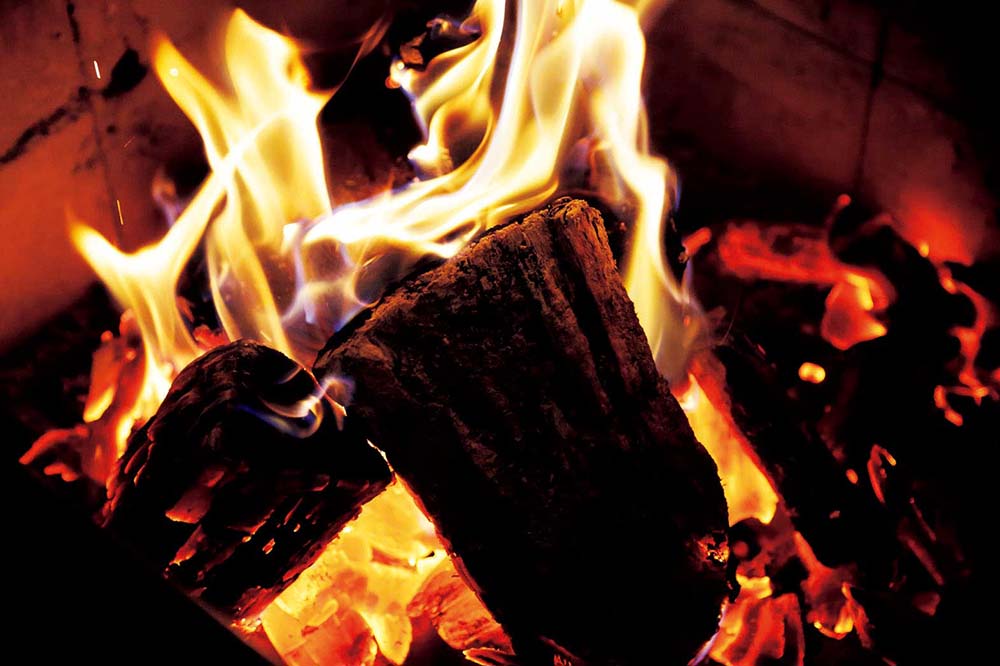 スペシャリテは薪焼き。ラボの熟成庫で２カ月半、独自に熟成させた岩手の経産牛を、飛騨高山から届くナラ材で焼き上げる。熾き火にしてじっくり火入れし、ワサビ、ユズコショウ、醤油を添えて。