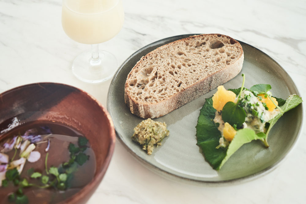 タコと山野草のセビーチェはフキの葉にのせて。自家培養酵母で発酵させたパン（自家栽培の小麦入り）は薪窯で炙り、フキ味噌とゴルゴンゾーラチーズ、ピーナッツペーストを合わせたものを塗っていただきます。ミネストローネは生姜麹を加えた奥行のある味わい。