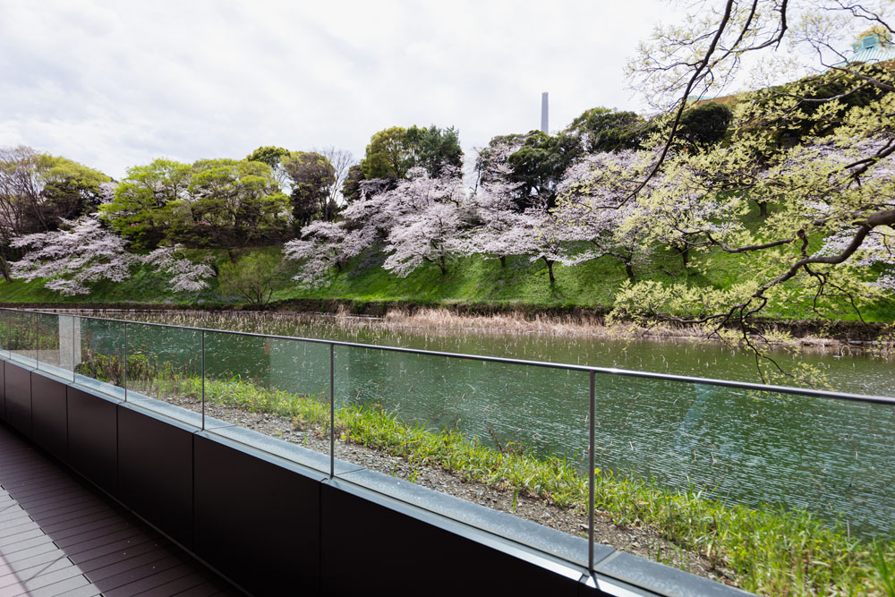 お濠と北の丸公園の土手に面した絶景スポット。春にはご覧の通り、花見をしながら食事ができる。