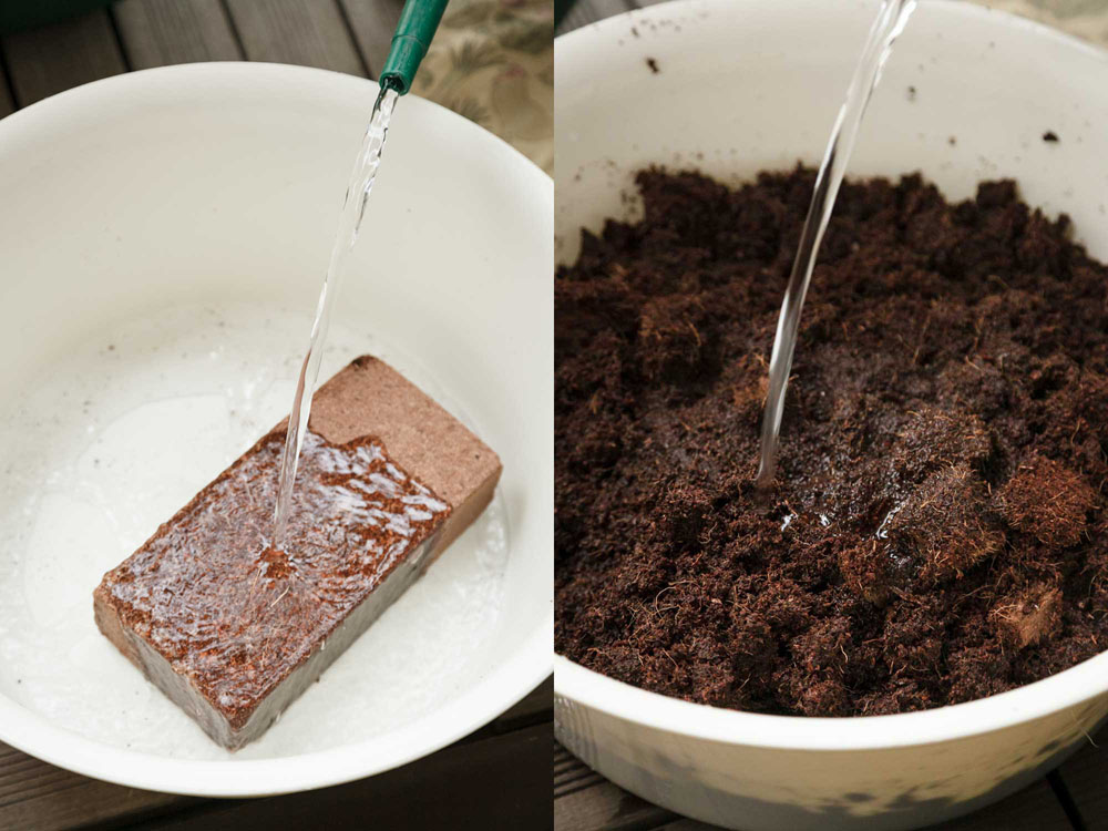 （左）水を注いで３分待つ。（右）約７～８Lに膨らむ（ほぐれにくい場合は手で割りほぐす）。