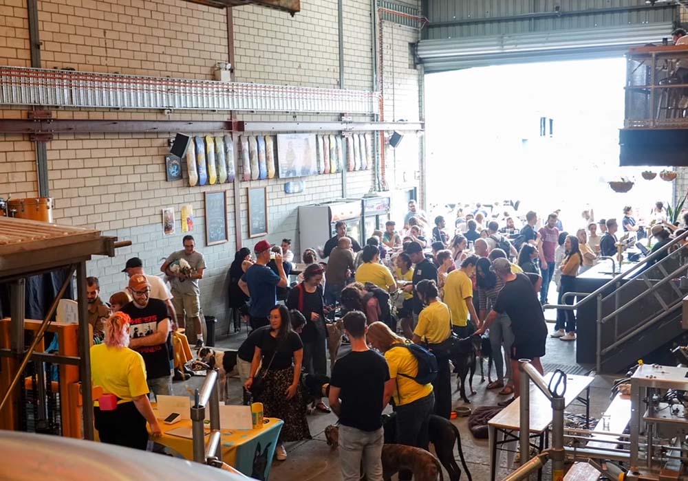 （写真）ユリズは倉庫のような醸造所兼レストランで、サルサやジャズナイトの他、セラミック置物作り体験など様々なイベントを催している。飼い犬との来店も推奨しているので、譲渡会を開催するのはお手のもの。以前ユリズで保護したグレーハウンドを連れてイベントに参加する客も。