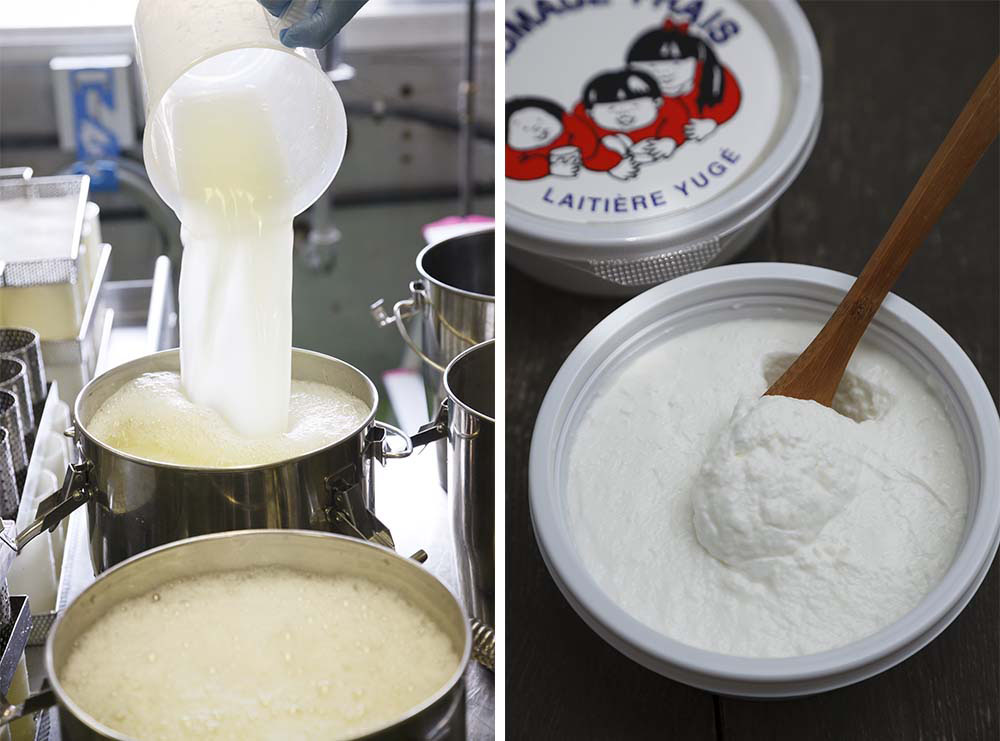 （写真左）ホエーの一部はチーズハウスで出すシチューやドリンクの他、石鹸や化粧水などに加工される。 （写真右）看板商品「フロマージュ・フレ」。フロマージュブランほどゆるくなく、ヨーグルトほど酸味が強くなくて食べやすいと、30年以上続くロングセラーに。パッケージの３人の子供の絵は、弓削夫妻の子供たちがモデル。