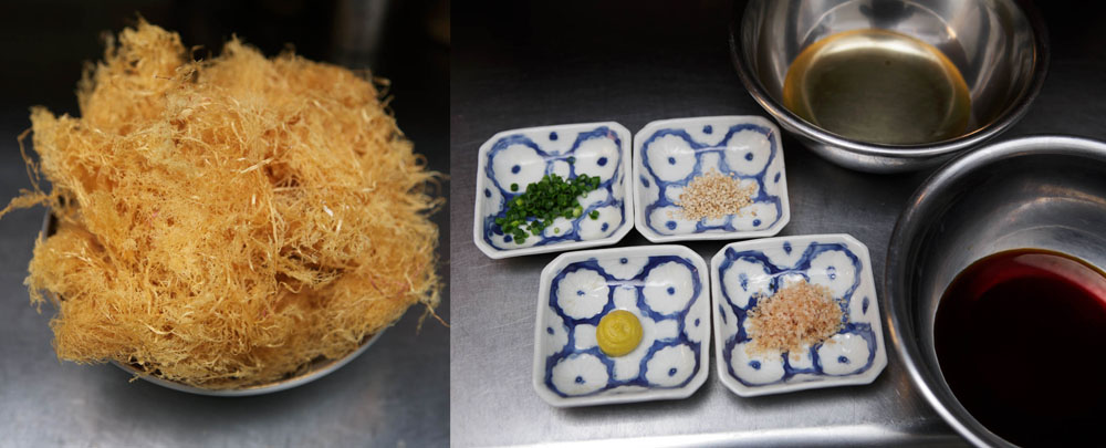 ゴマ、ネギ、鰹節、練り辛子