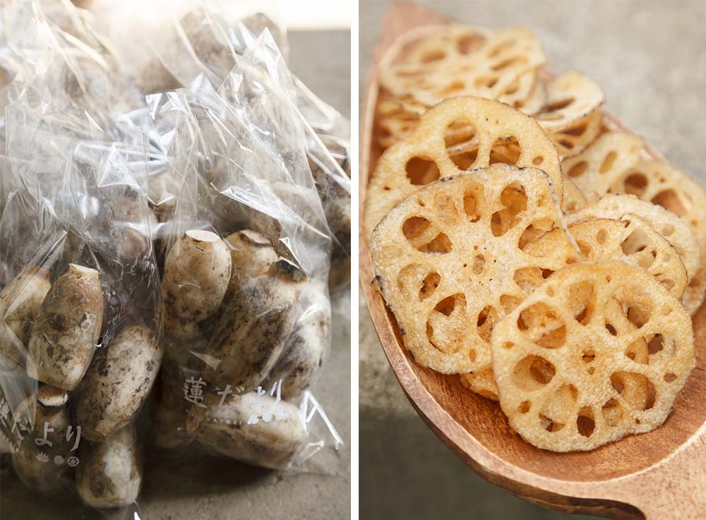 （写真左）小さな蓮根は家庭で気軽に使えるよう小袋につめて。こちらも人気。 （写真右）蓮根チップスはギリギリの薄さを模索して生まれた。