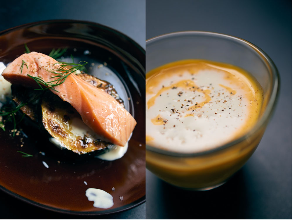 （写真左)「ますのすけのミキュイ　ラベンダーの香りとズッキーニ」。旬の盛り、極太でみずみずしいズッキーニを輪切りにしてソテー。ラベンダーの香りと酸をまとわせて主役の魚を引き立てる。 （写真右）「加賀カボチャの冷製スープ」。採れたてで水分が多く甘味がなかったカボチャはバターで炒め、チーズの塩気とコクでメリハリをつける。