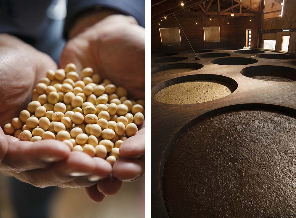 （写真左）国産の大豆と埼玉の風土に根付く菌が醸す。有機は県外だが、使う大豆はほとんどが埼玉産。醤油には大粒の大豆がよいとされる。 （写真右）今年の冬に仕込んだもろみはまだベージュ色だが、１年経つと手前の濃い茶色まで深くなる。杉は柔らかい木で菌が住みやすいことから桶に使われる。蔵も杉の木で建てられている。