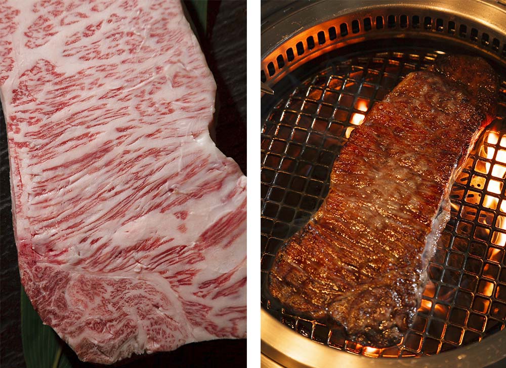 （写真左）A5の中でも最高ランクのBMS12のサーロイン。 （写真右）網から滴り落ちる脂が炎となって、肉を明るく照らす。