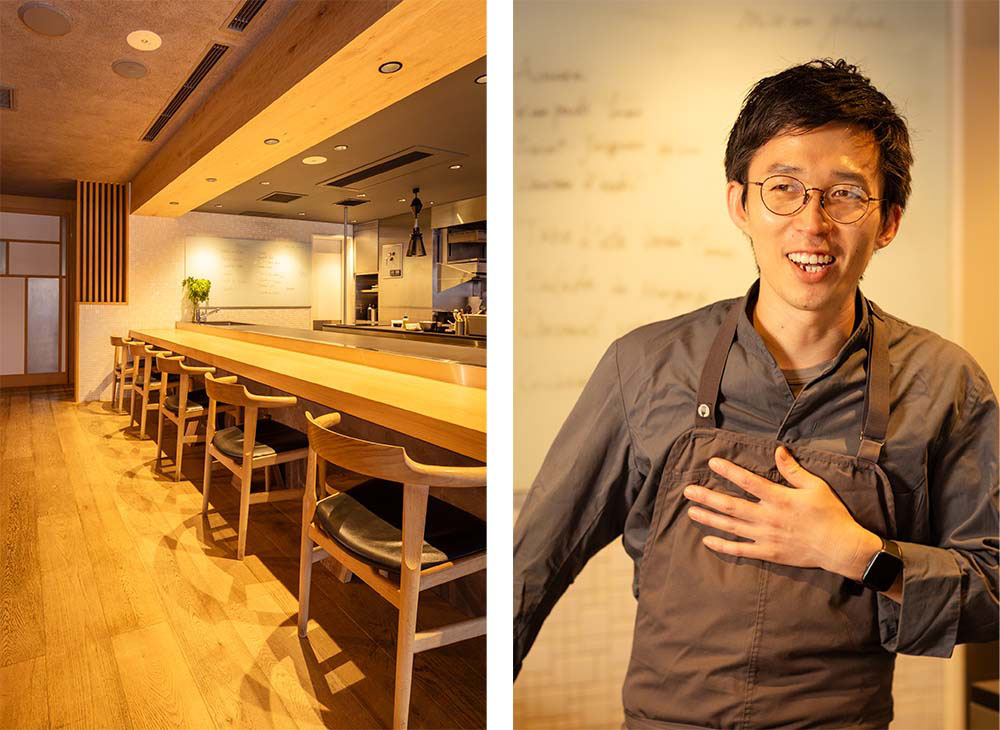 國長亮平シェフ。東京・神楽坂「ル・マンジュ・トゥー｣で９年修業後、渡仏。ミシュラン一ツ星｢レストラン パージュ｣など研修を経て、2022年「トワヴィサージュ」シェフ就任。千葉・鴨川にレストランの畑を借りてスタッフとともにハーブや野菜も育てる。