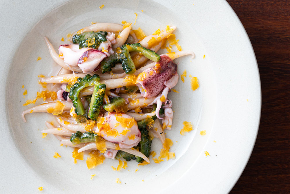 「ゆめかおりのトロフィエ ヒイカとゴーヤ　自家製カラスミ」