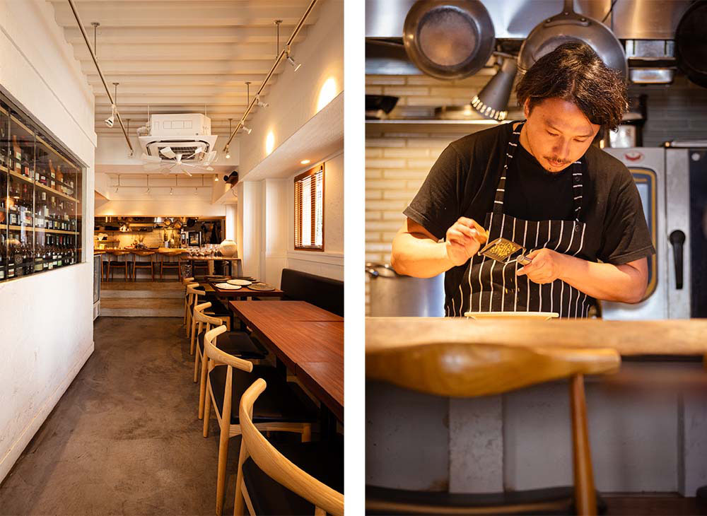 坂井務シェフ。福岡県出身。大学卒業後、社会人を経て料理の道へ。都内のイタリアンで経験を重ね、2019年に現店オープン。イタリアのワイナリーを巡り、フランス・ジュラでワイン造りを経験するなど、ナチュラルワインにも造詣が深い。